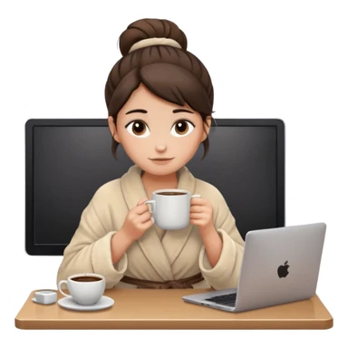 A brunette girl with a bun as hairstyle, with dark brown eyes, dark circles under eyes, tired, sad face, with a mug of coffee in one hand and sitting in front of a computer, wearing a soft fluffy beige robe sticker