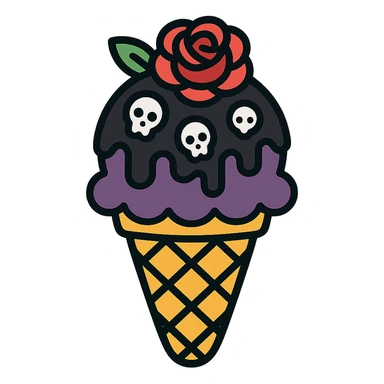 Gothic ice cream with black chocolate drizzle, tiny skull sprinkles, and a dark rose on top, no background, in a color outline icon style. sticker