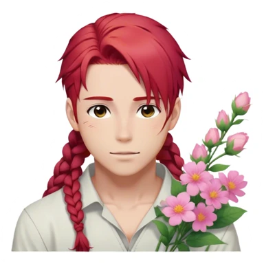 red hair with a thin side braid anime style handsome sexy gojo guy with blushing face and flowers aesthetic trending style outside sticker