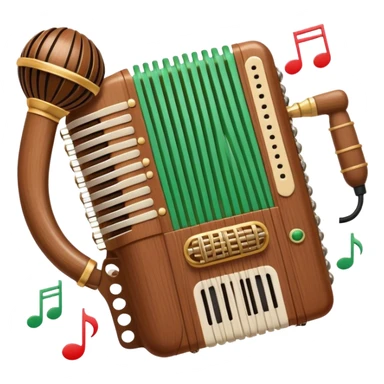 Create a warm and inviting humanless emoji representing folk singing. The design should feature a traditional microphone, perhaps with a wooden texture, symbolizing the rustic and authentic feel of folk music. Surround the microphone with subtle elements such as a hand-played tambourine, an accordion, or a balalaika to reflect the folk instruments. Add flowing musical notes to symbolize the vocal melodies. Use earthy, natural colors like browns, reds, and greens to evoke a sense of tradition, warmth, and connection to the community. The background should be transparent. sticker