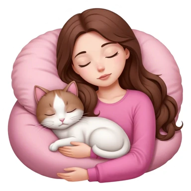 A pretty white girl with very long brown hair and pink clothing sleeping curled up to a white cat  sticker