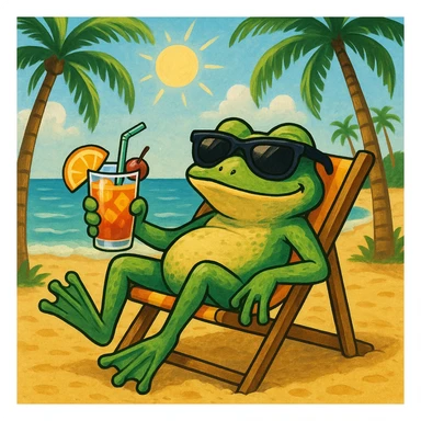 cool frog wearing sunglasses, drinking a mai tai, laying in a beach chair on the sand, tropical beach scene sticker