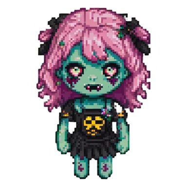 girl zombie with pink hair and bangs, pixel art style, cute expression sticker