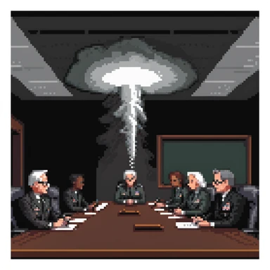 a SNES box art image of PENTAGON officials in a dark smoke filled board room meeting. cutscene graphic - 3/4 side perspective sticker