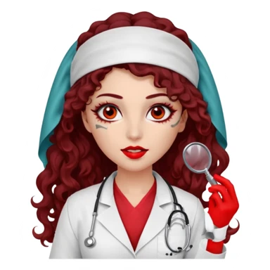 Lilith scalpel in hand, evil surgeon outfit.  She has red eyes. She has dark brown curly hair. Hair is long . Wears sexy doctor outfit with red gloves. Covers nose, neck and mouth with Muslims  sticker