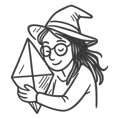 witch with brown hair and glasses hugging a Plumbob, hand-drawn outlined icon style, sketchy lines sticker