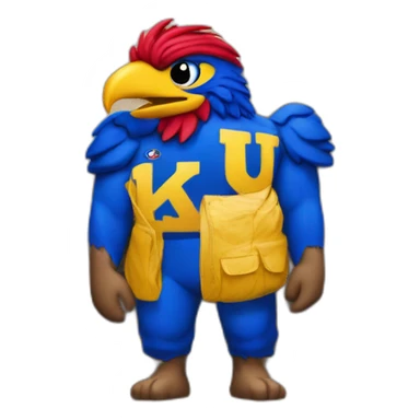 jayhawk on the beach with "KU" written on chest sticker