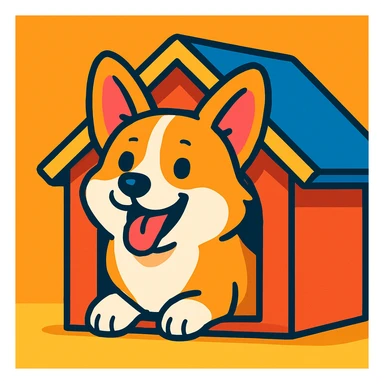 a happy corgi with its head sticking out of a dog house, vibrant toon style, cartoonish, colorful sticker