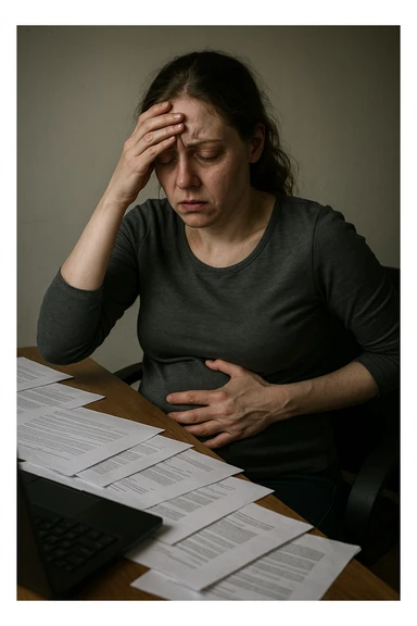 Empathetic photorealistic shot of a woman at her desk, overwhelmed by work. One hand is pressed against her forehead, the other grips her painful, bloated abdomen. Papers are scattered around her. The lighting is harsh and unflattering, emphasizing her pale complexion and the dark circles under her eyes. sticker