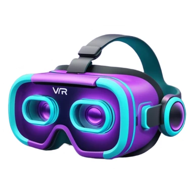 Futuristic glowing neon VR headset emoji, purple and cyan light, dark background, digital tech style sticker