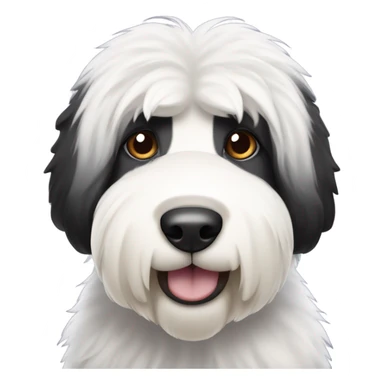 Old English sheepdog with a face that’s half black and half white. More black on left side than previous generation. Longer ears only one eye is black sticker