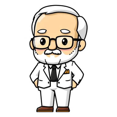 Colonel Sanders, old white man with square glasses, white goatee beard, white suit, KFC founder sticker