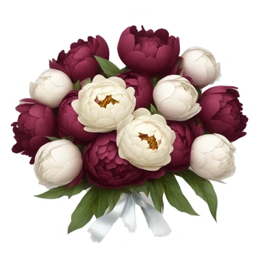 Big bouquet of burgundy peonies with a white satin ribbon sticker