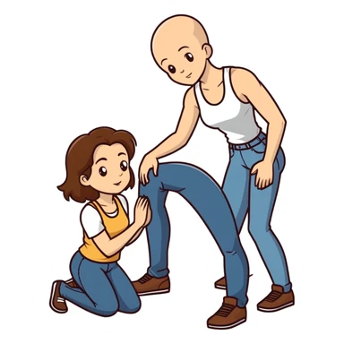  One Caucasian woman with brown hair, big boobs, wearing pants and a tank top, kneeling on the ground. A bald man is standing beside her with his jeans open sticker