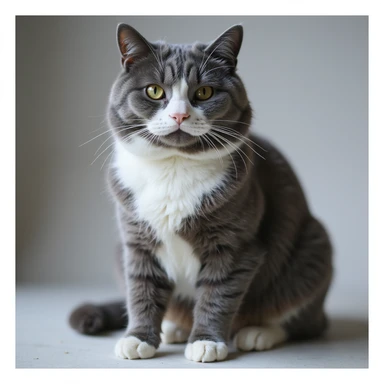 a realistic sitting cat, white nose and underbelly, gray fur, lifelike details, photorealistic style sticker