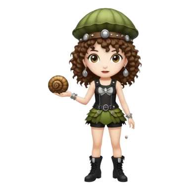 full body woman short curly brown mullet hair brown eyes white skin wearing punk fairy outfit and snail shell hat sticker