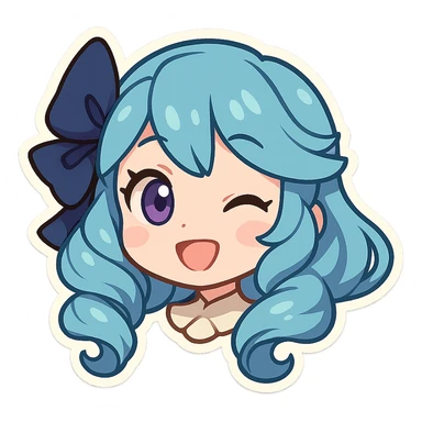 Gwen from League of Legends, happy expression, head only, right eye is purple, chibi style sticker