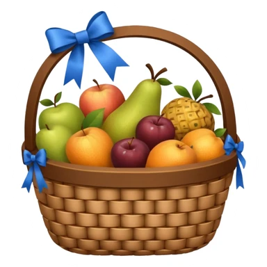 A basket with a blue ribbon on the handle sticker