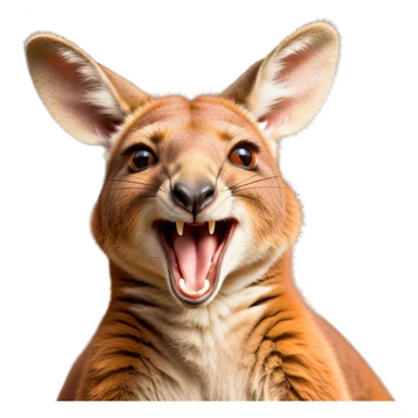 Cinematic Cute Yawning Kangaroo Portrait Emoji, Head tilted slightly with a dramatic, wide-open yawn, showcasing a soft, downy red-orange fur with gently drooping ears and round amber eyes barely open in drowsy contentment, Simplified yet irresistibly adorable features, highly detailed, glowing with a soft, cozy glow, high shine, relaxed yet expressive, stylized with a touch of outback charm, bright and endearing, soft glowing outline, capturing the essence of a sleepy yet affectionate kangaroo, so drowsy it feels like it could stretch out of the screen and curl up for a nap! sticker