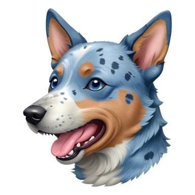Cinematic Cute Yawning Blue Speckle Australian Cattle Dog Portrait Emoji, Head tilted slightly with a dramatic, wide-open yawn, showcasing a sleek blue speckle Fur with distinct markings, floppy ears slightly drooping, round blue eyes barely open in drowsy contentment, Simplified yet irresistibly adorable features, highly detailed, glowing with a soft, cozy glow, high shine, relaxed yet expressive, stylized with a touch of whimsy, bright and endearing, soft glowing outline, capturing the essence of a sleepy yet affectionate herder, so drowsy it feels like it could stretch out of the screen and curl up for a nap! sticker