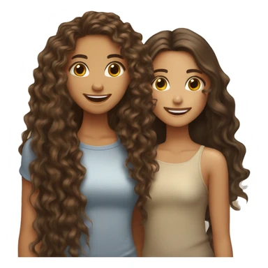 One curly long hair brunette girl with tan skin kissing a long straight hair brunette girl with lighter skin happy   sticker