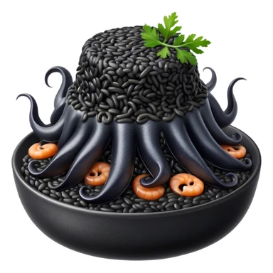 Cinematic Realistic Black Risotto Dish Emoji, showcasing a rich squid ink-infused risotto rendered with bold textures and dynamic, dramatic lighting. sticker