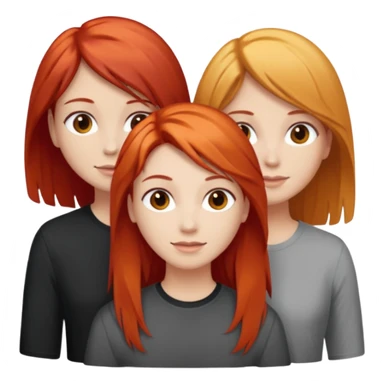Can you create an image of 3 friends together one with red bright hair light skin one the other with brown hair with some blonde highlights in the hair fair skin the last one with light brown a tint of orange hair and black long hair with brown  sticker