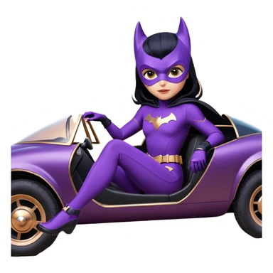  proportionally correct, real-appearance racing BatGirl’s feminine midnight-purple tight outfit sixty’s tv show 2032 stealth retro cat burglar sporty petite off-road pursuit hovering black hover cruiser car rose gold accents (black hair,reclined and relaxed seating position and attitude) Dakar sticker