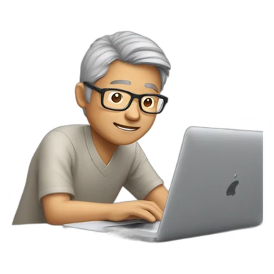 Aged 48 asian Guy, semi-rimless glasses, coding on the macbook sticker