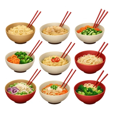 different bowls of Chinese noodles, chopsticks, vegetables sticker