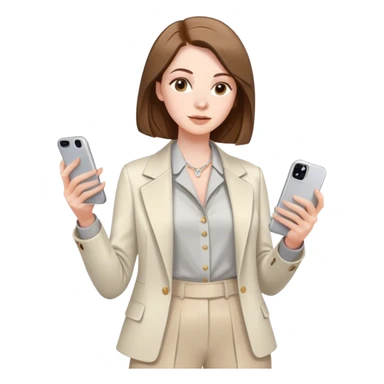 pale skin woman with brown Straightened bob Hair, White Spacious classical jacket, beige palazzo Arrow pants and gray blouse holding white IPhone 15 pro in the hands sticker