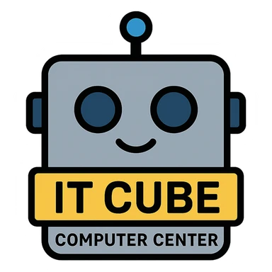 A gray-blue robot cube sticker for IT CUBE Computer Center, inspired by the attached logo sticker