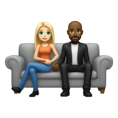 Blonde woman with blue eyes and long straight hair and black man who is bald with a goatee seated together on a sofa with their legs touching and their arms around each other.   sticker