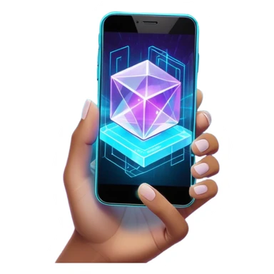 Futuristic translucent hand holding a floating crystalline cube emitting holographic smartphone projections, prism glows with neon cyan (#00FFFF) and electric purple (#8A2BE2) light beams, dark obsidian (#020D19) background with abstract circuit patterns, cyber-luxury aesthetic sticker