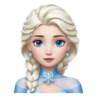 Cinematic Realistic Elsa Portrait, depicted with lifelike skin texture, soft natural lighting, and intricately detailed platinum blonde hair styled elegantly. Her striking, expressive blue eyes exude confidence and grace, complemented by a serene and regal expression. She holds a shimmering snowflake delicately in one hand, her other hand resting against her gown, embodying the power and beauty of winter. She is dressed in her signature icy attire, with shimmering fabric textures and delicate folds that catch the light beautifully. The portrait features a soft, enchanting glow with a cool, radiant finish, capturing the essence of timeless elegance in a realistic and painterly style. sticker