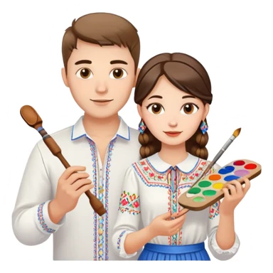 a guy in a white Ukrainian embroidered shirt and a girl in a white Ukrainian embroidered shirt, holding music and a paint palette sticker