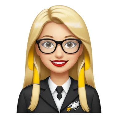 long blonde straight hair, black rectangle glasses, smiling, lipstick, full length eagles uniform, 33 sticker