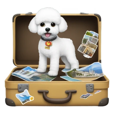 ABichon Frise standing next to a suitcase filled with iconic places stickers on the suitcase  sticker