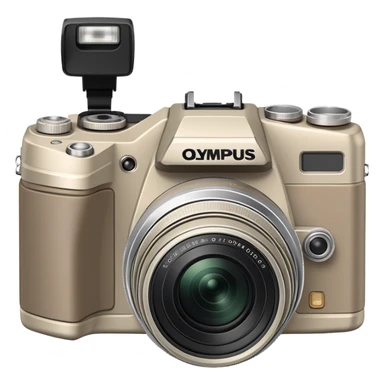 Extremely minimal Olympus Superzoom 70G camera from front view, grayish-beige color, simplified to basic geometric shapes, just hint of lens and minimal details sticker