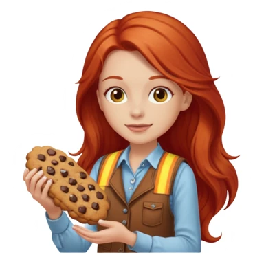 white girl scout with red long hair selling cookies with a brown vest sticker