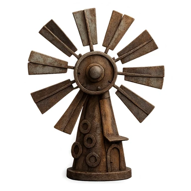Make the windmill look rusty and weathered, preserving the junk and scrap material details. Keep the transparent background intact. The style should reflect a weathered, rusty look with detailed textures on the junk and scrap materials. sticker