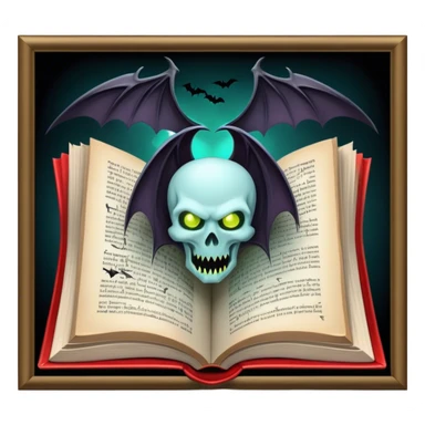 Icon for Horror & Mystery Reading: an open book with eerie glowing symbols, from which rise vampire Dracula with fangs, flying bats, a zombie hands. Surrounding elements. Transparent background. sticker