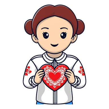 Beautiful young girl in a white Ukrainian embroidered shirt holds a large embroidered heart in her hands sticker