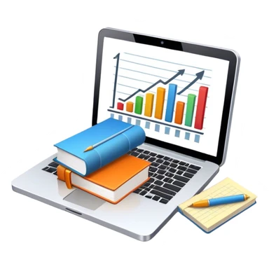 Icon for Business Reading: a prominent book at the forefront, laptop and notepad around it, along with a bar graph and symbolizing ideas and growth. The icon should represent the knowledge and strategy of business literature. Transparent background. sticker