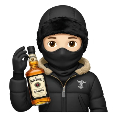 Junge mit Sturmhaube in der Rechten hand eine jacky flasche und schwarze winterjacke mit fell an der mütze 2 meter gross sticker