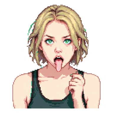 dirty blonde girl with blueish green eyes, black tank top, sticking tongue out and drooling sticker