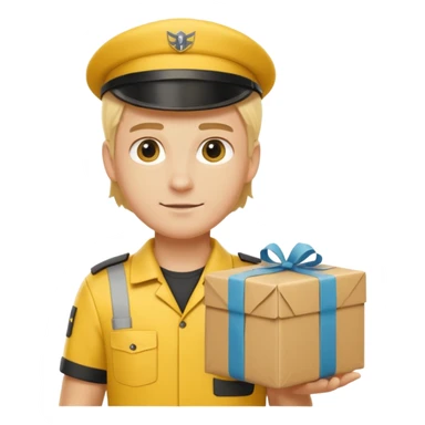 german delivery guy with yellow uniform and package with no hat sticker