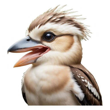 Cinematic Cute Yawning Kookaburra Portrait Emoji, Head tilted slightly with a dramatic, wide-open yawn, showcasing a soft, downy brown plumage with gently drooping wings and a relaxed beak, round eyes barely open in drowsy contentment, Simplified yet irresistibly adorable features, highly detailed, glowing with a soft, cozy glow, high shine, relaxed yet expressive, stylized with a touch of bushland charm, bright and endearing, soft glowing outline, capturing the essence of a sleepy yet affectionate kookaburra, so drowsy it feels like it could flutter out of the screen and curl up for a nap! sticker