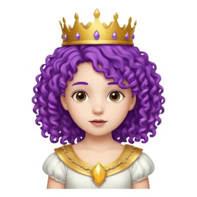 Princesses kid girl, with Gold Crown on purple curly hair, with white dress sticker