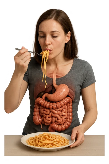 donna con intestino umano anatomico in evidenza che mangia un piatto di pasta, iperrealistico 4k sticker